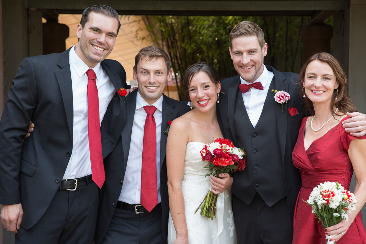 Groom, groomsmen, bride and groomswoman before wedding at Seattle Center for Urban Horticulture in Washington