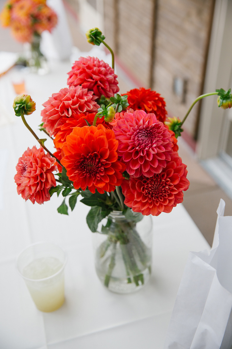 Red dahlias at wedding reception at Center for Urban Horticulture in Seattle, WA 