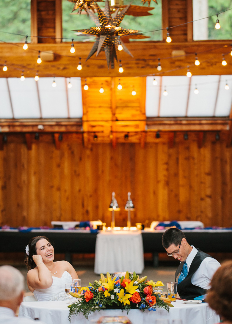 Bride and groom laughing during reception toasts at Kiana Lodge wedding in Poulsbo, WA