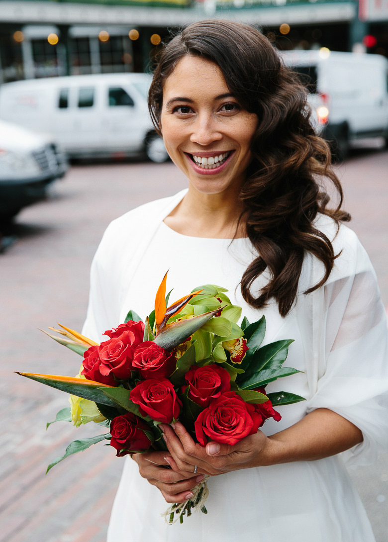 Bride in Pike Place Market before eloping 