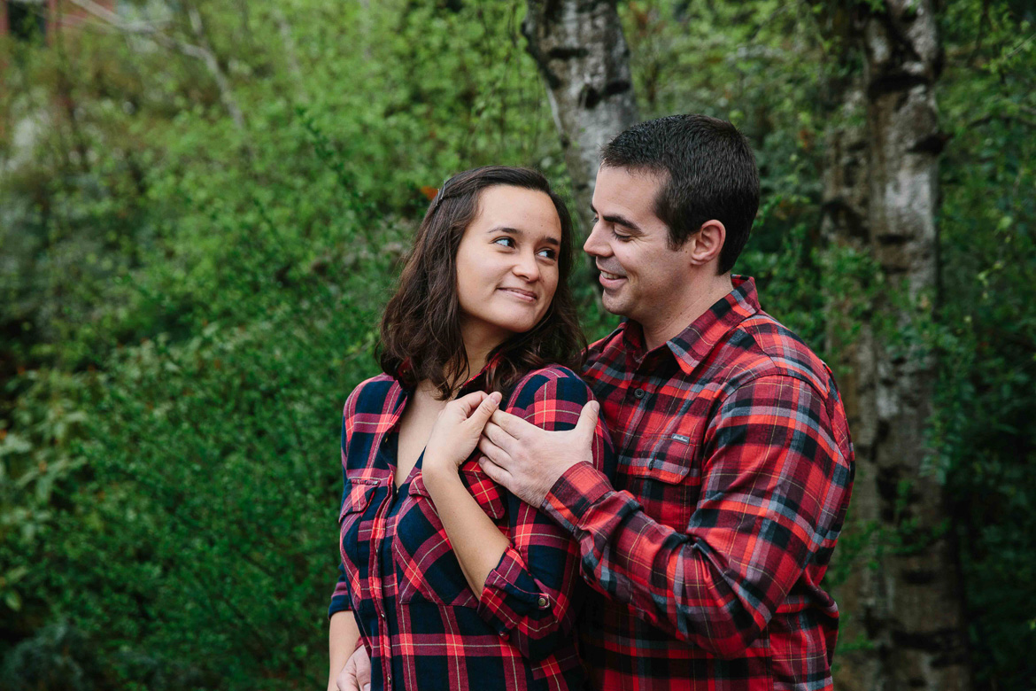 Couple during engagement photos at Seattle University in Washington