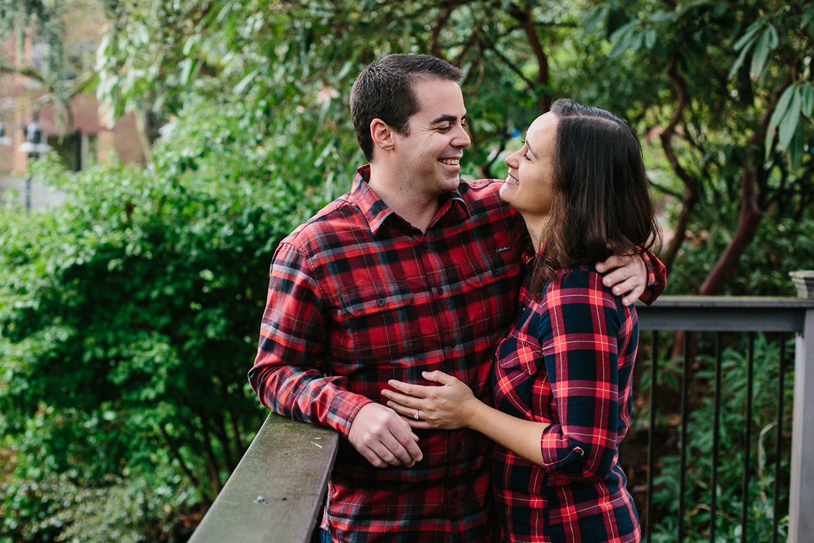 Couple during engagement photos at Seattle University in Washington
