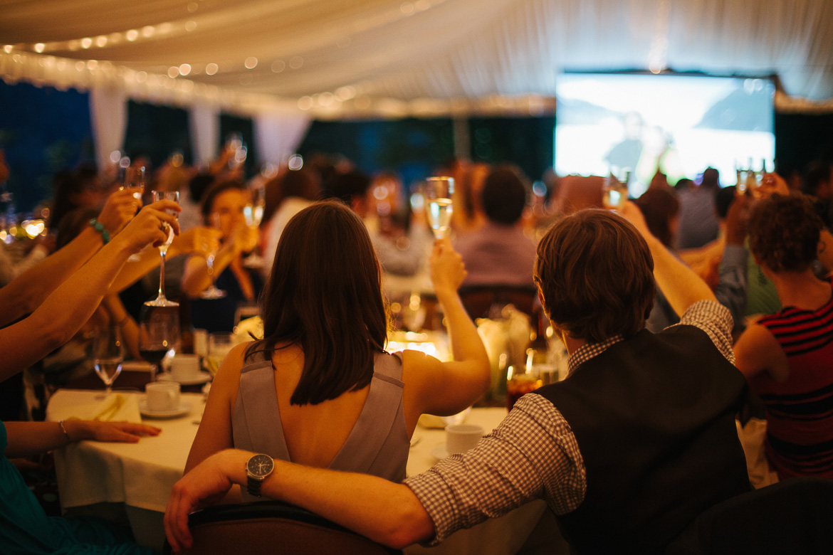 Wedding toasts during reception at Salish Lodge in Snoqualmie Washington