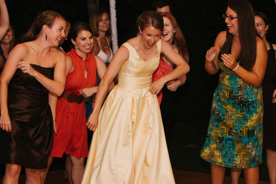 Bride dancing in flash mob during Salish Lodge wedding reception in Snoqualmie Washington