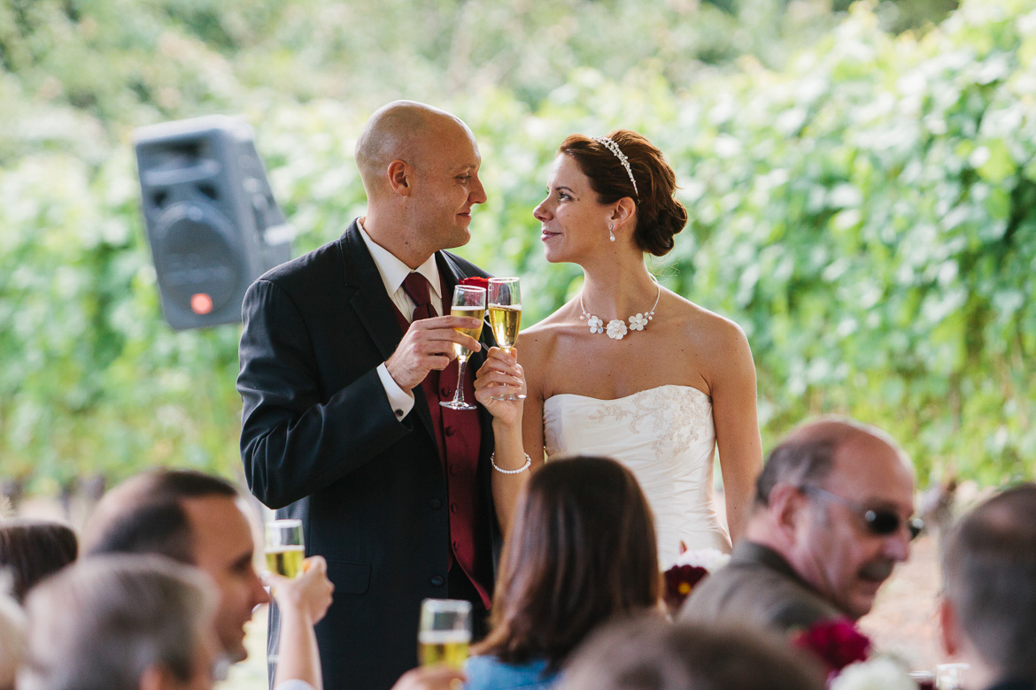 Bride and groom during wedding toasts at Whidbey Island Winery wedding