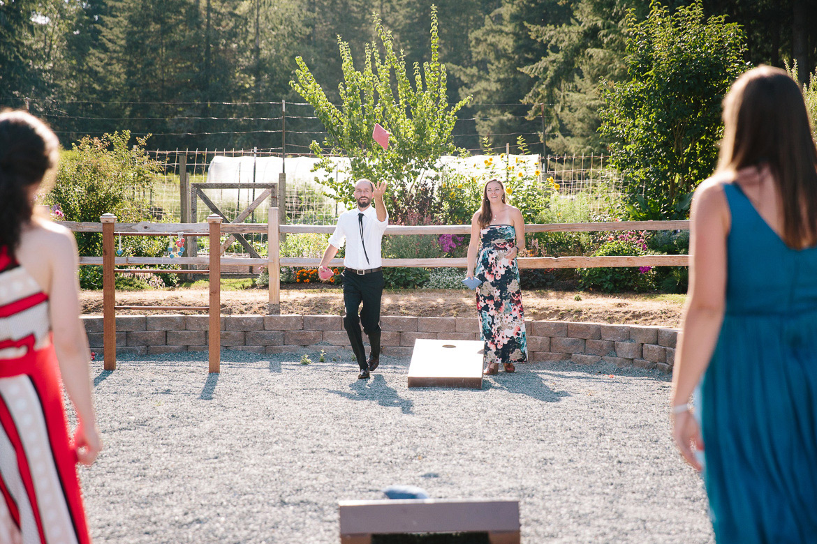 Lawn games during cocktail hour at Fireseed Catering wedding on Whidbey Island, WA