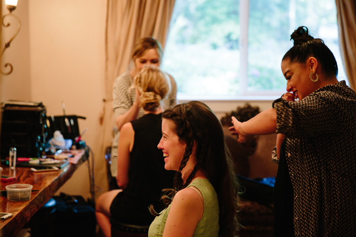 Bridesmaids getting ready before Fireseed Catering wedding on Whidbey Island