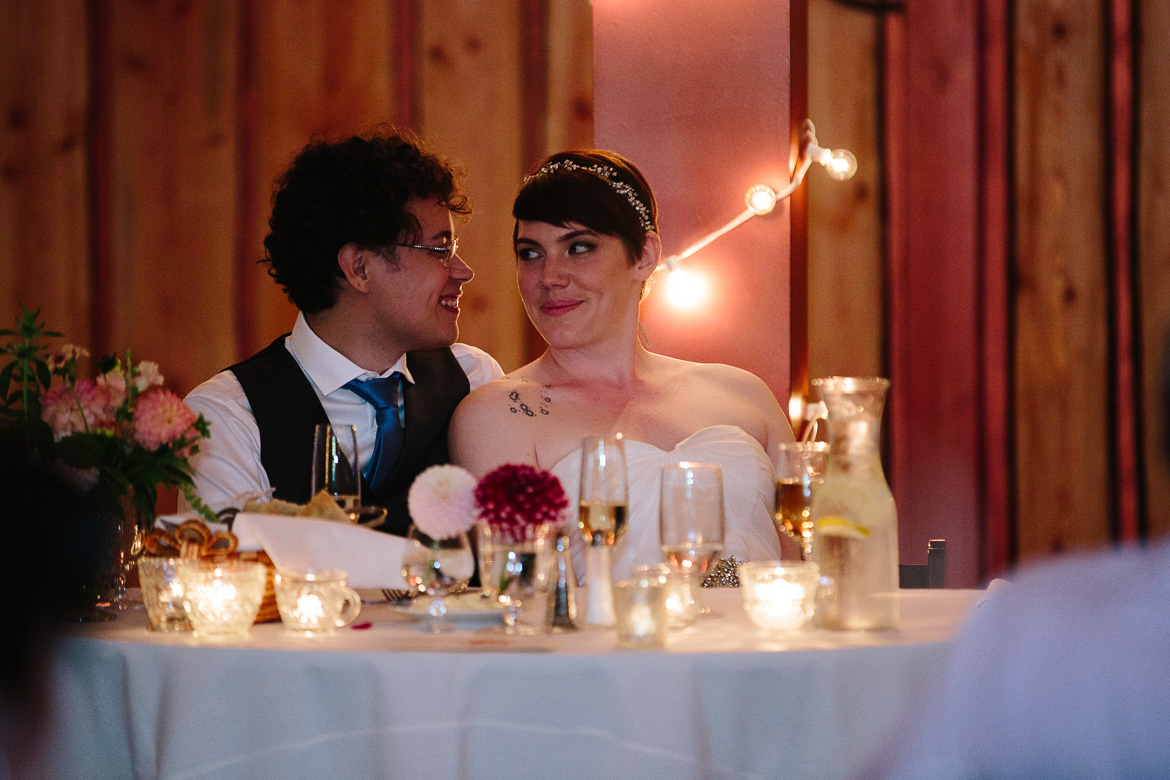 Bride and Groom smiling toast during wedding at Fireseed Catering on Whidbey Island, WA