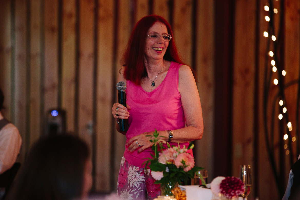 Mother of the groom giving a toast during wedding at Fireseed Catering on Whidbey Island, WA