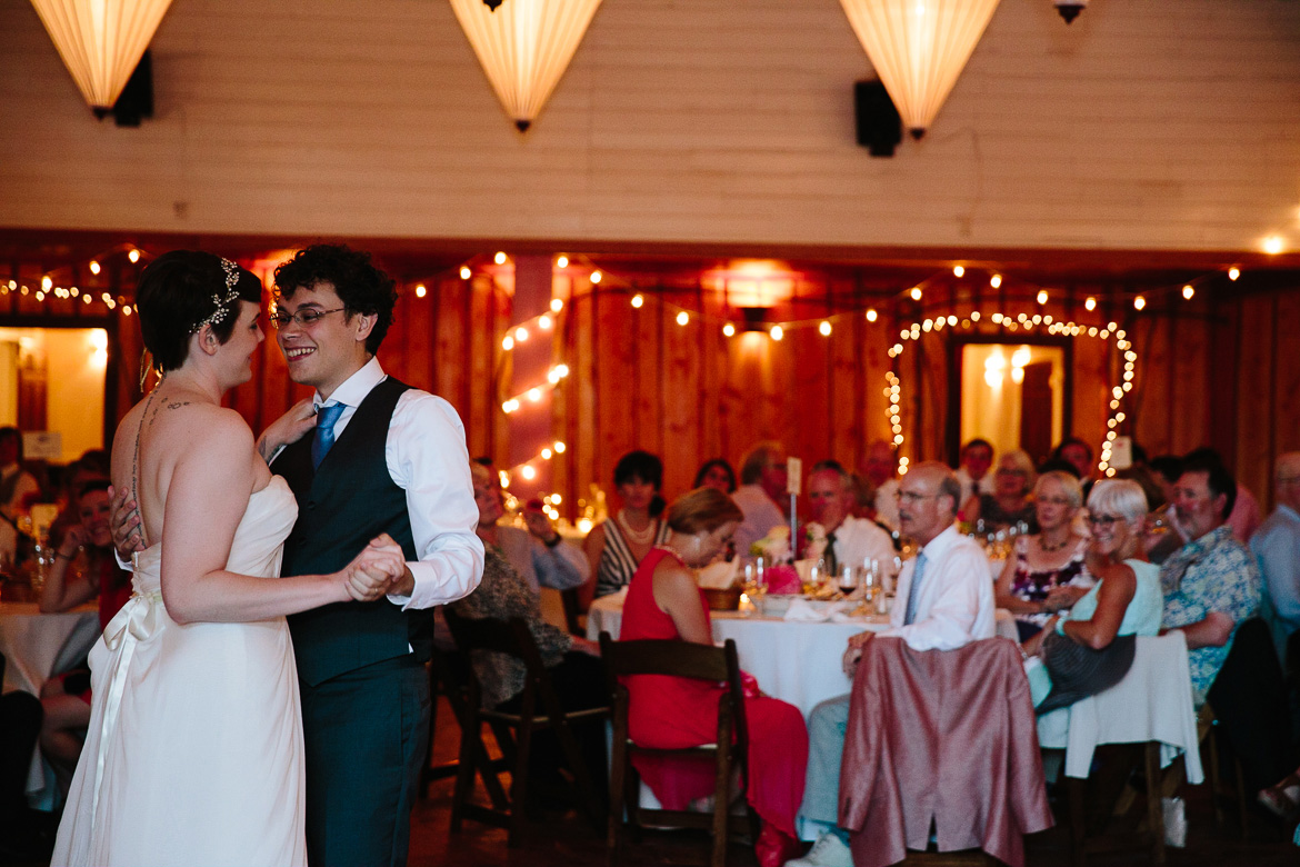Bride and groom during first dance at wedding reception at Fireseed Catering on Whidbey Island, WA