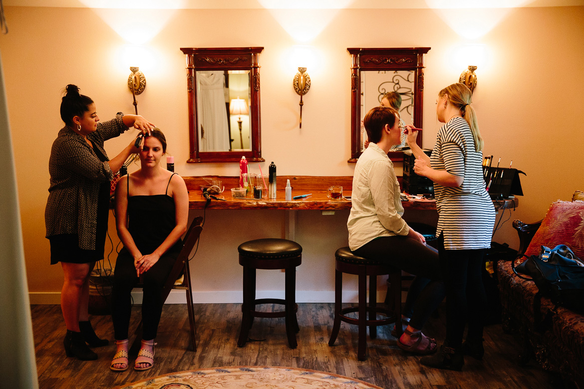 Bride and bridesmaids getting ready before Fireseed Catering wedding on Whidbey Island