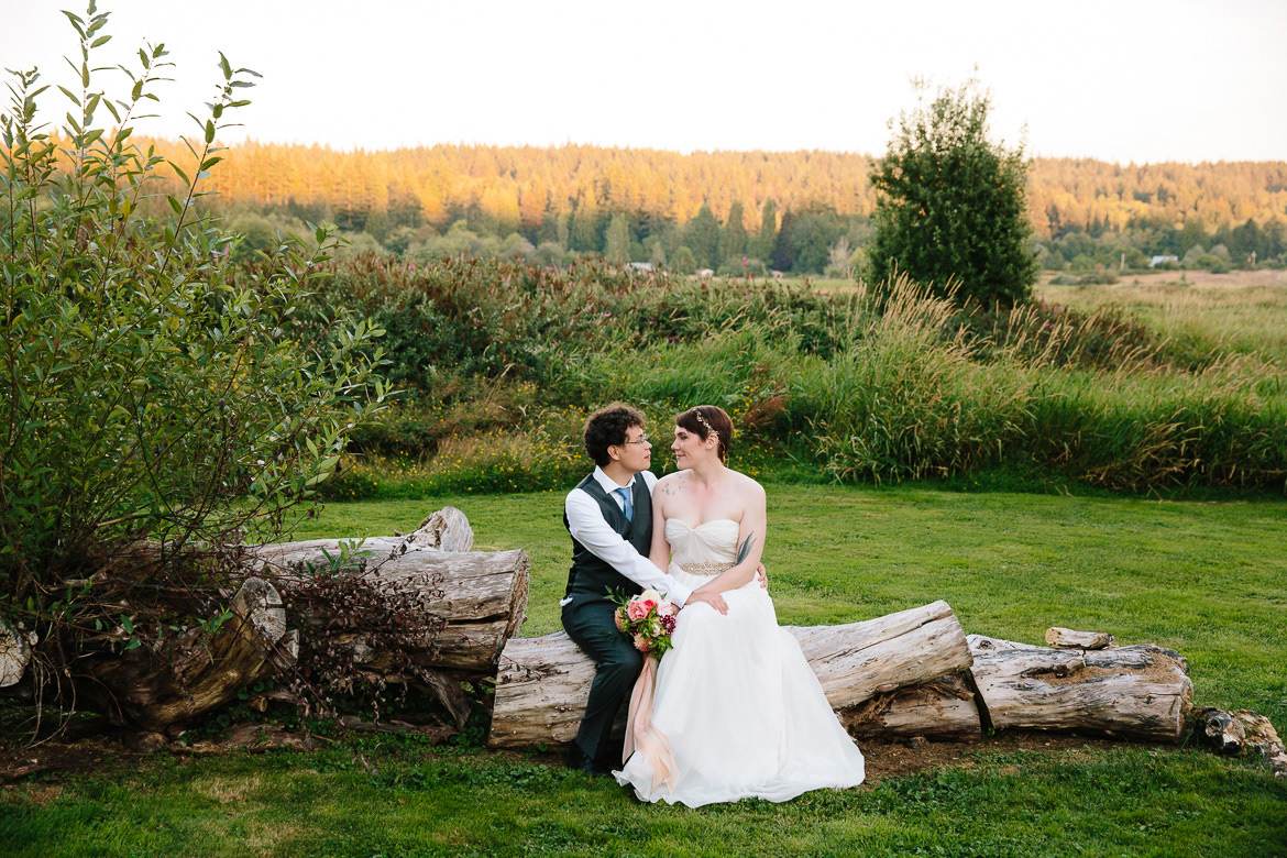 Bride and groom during sunset at Fireseed Catering wedding on Whidbey Island, WA