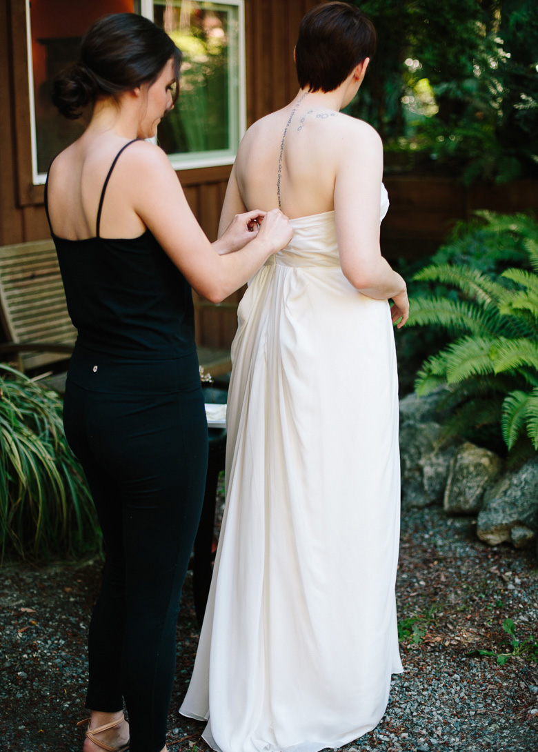 Bride getting ready before wedding at Fireseed Catering on Whidbey Island