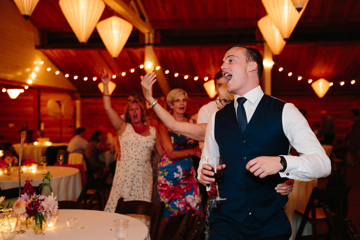 Guests dancing during reception at Fireseed Catering wedding on Whidbey Island, WA