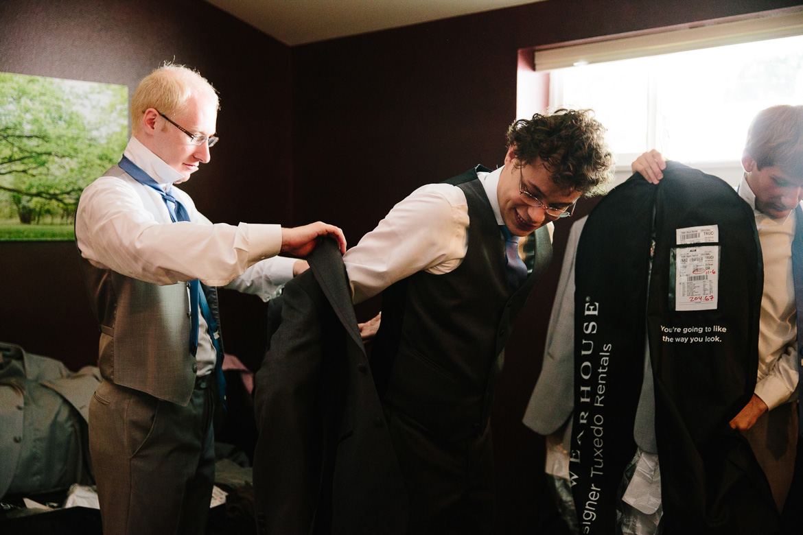 Groom and groomsmen getting rady before Fireseed Catering wedding on Whidbey Island