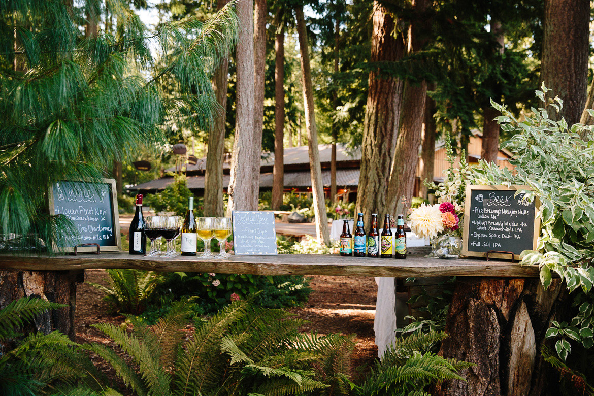 Cocktail hour outdoor bar at a Fireseed Catering wedding on Whidbey Island, WA