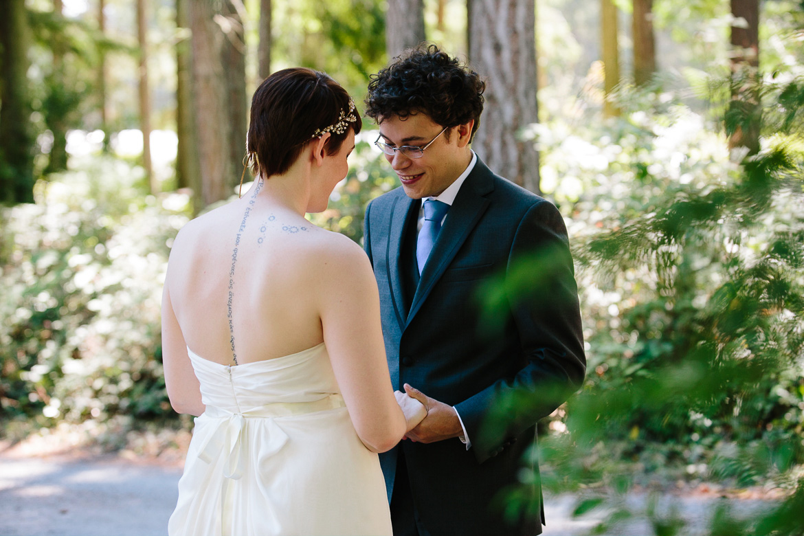 Bride and groom during their first look before Fireseed Catering wedding on Whidbey Island