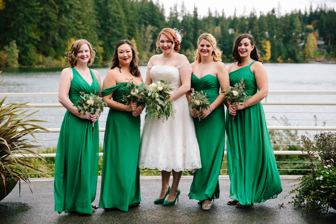 Bride and bridesmaids during portraits before wedding at Lake Wilderness Lodge in Maple Valley, WA
