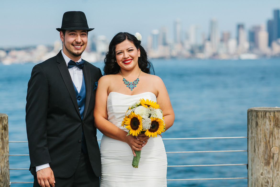 Bride and groom portraits at Alki Beach before wedding at The Cove in Normandy Park, WA
