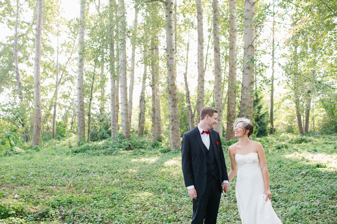 Bride and groom portrait in woods before wedding at Seattle Center for Urban Horticulture