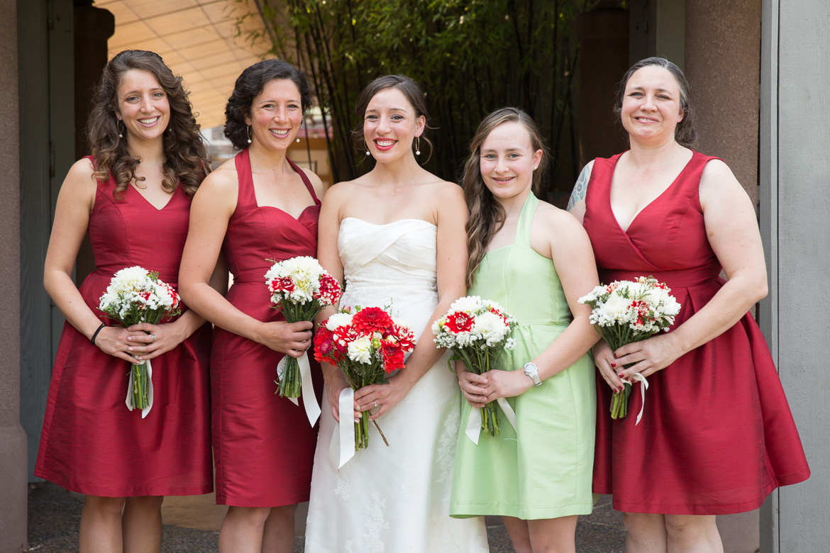 Bride and bridesmaids before wedding at Seattle Center for Urban Horticulture in Washington