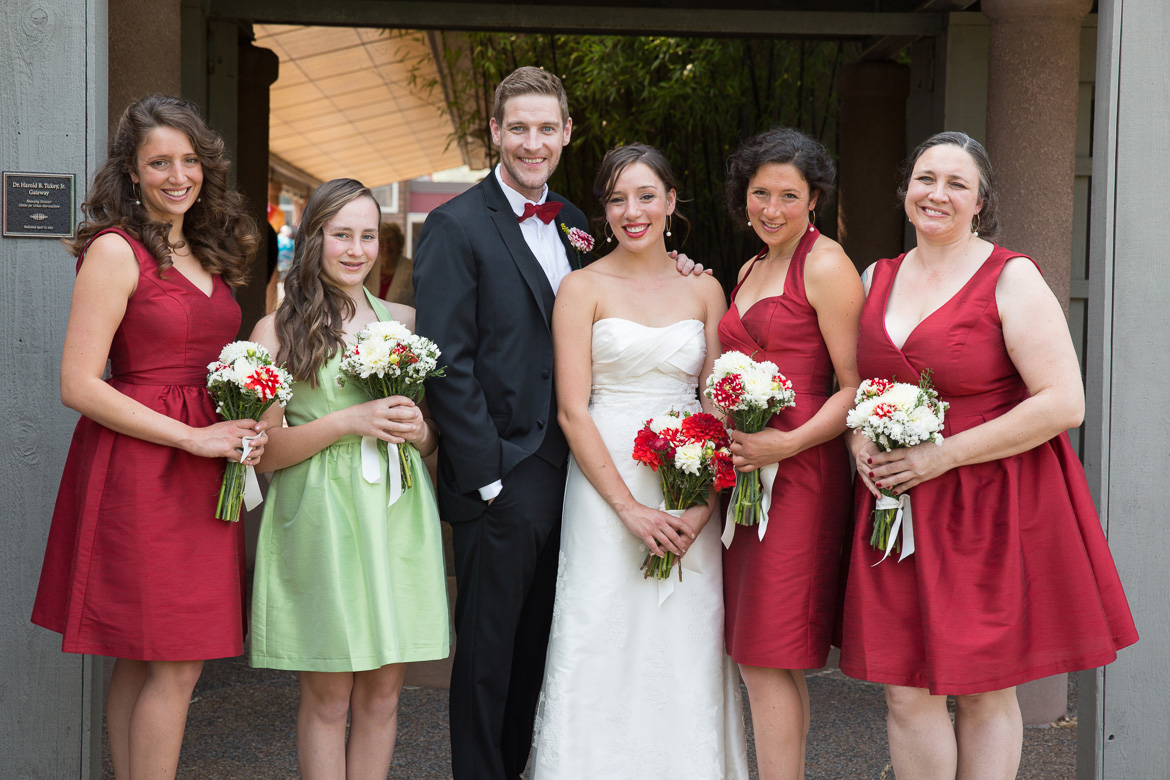Bride, groom and bridesmaids portrait before wedding at Seattle Center for Urban Horticulture in Washington