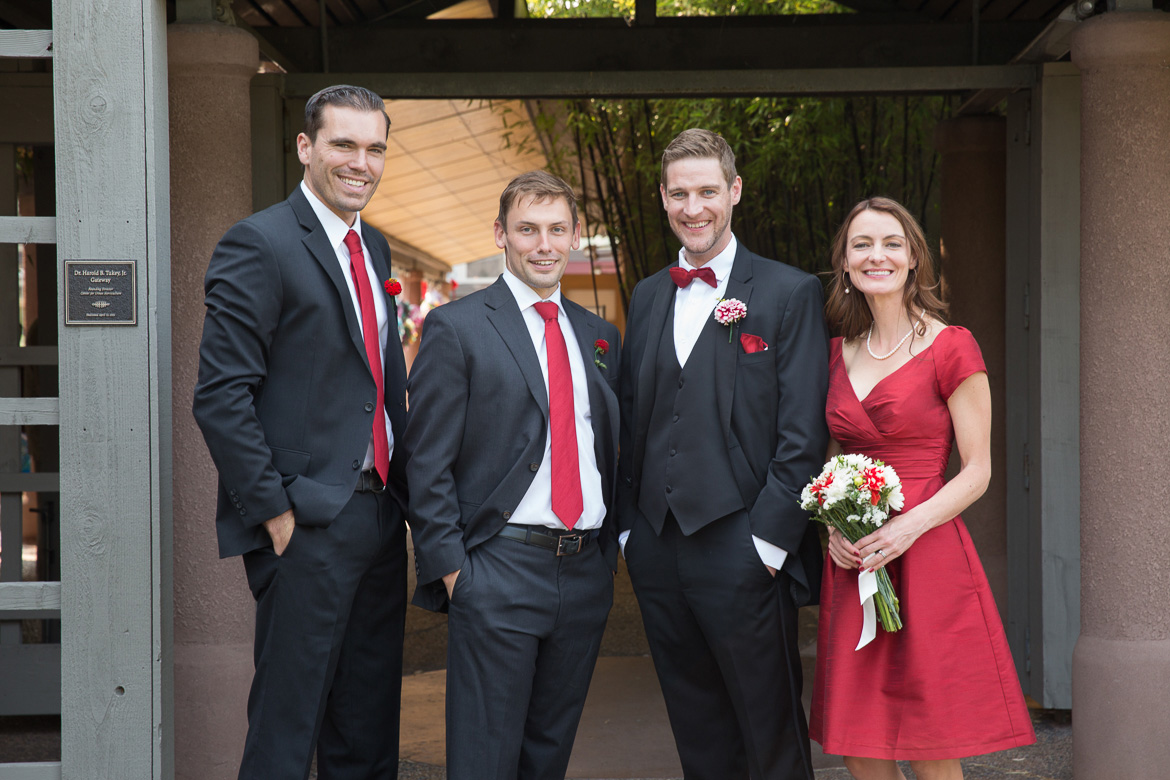 Groom, groomsmen and groomswoman before wedding at Seattle Center for Urban Horticulture in Washington
