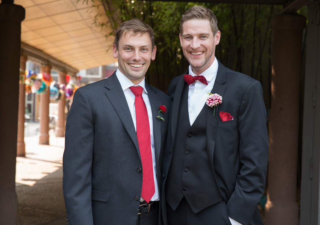 Groom and groomsman before wedding at Seattle Center for Urban Horticulture