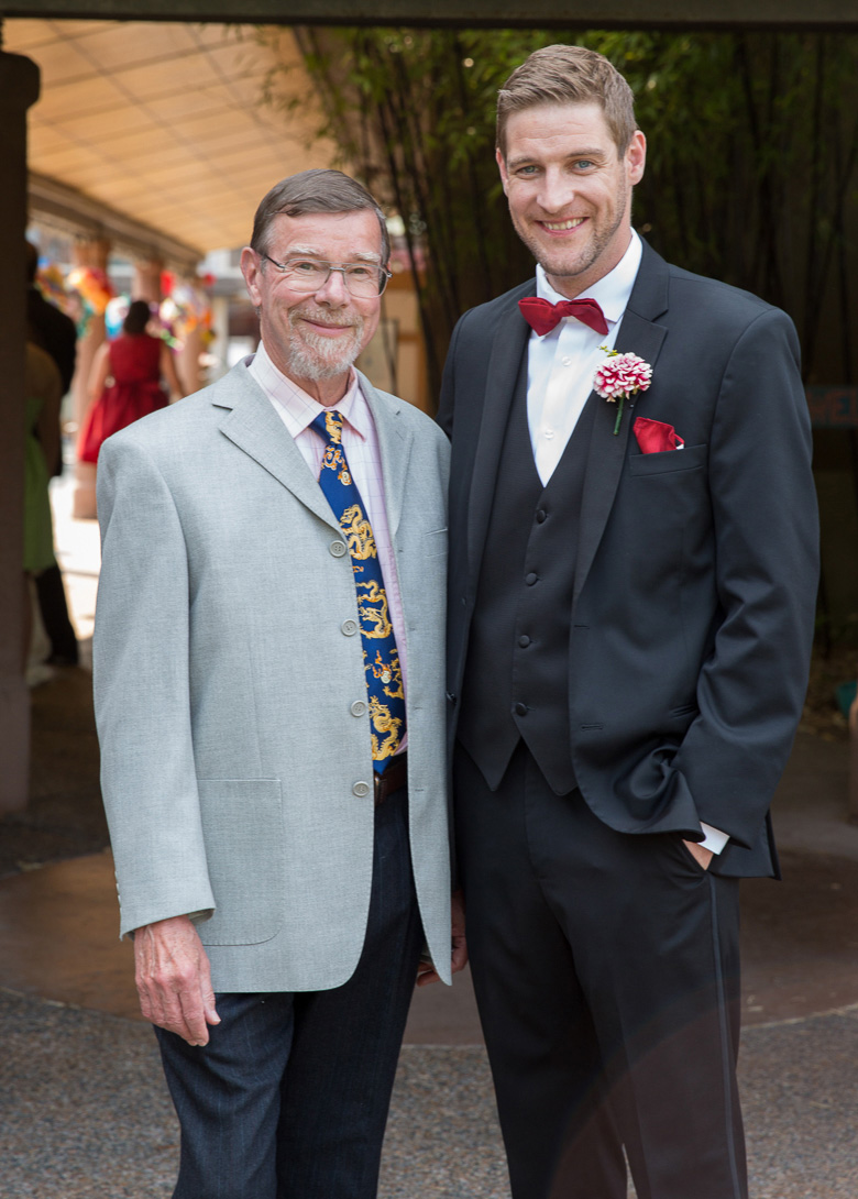 Groom and father before wedding at Seattle Center for Urban Horticulture in Washington