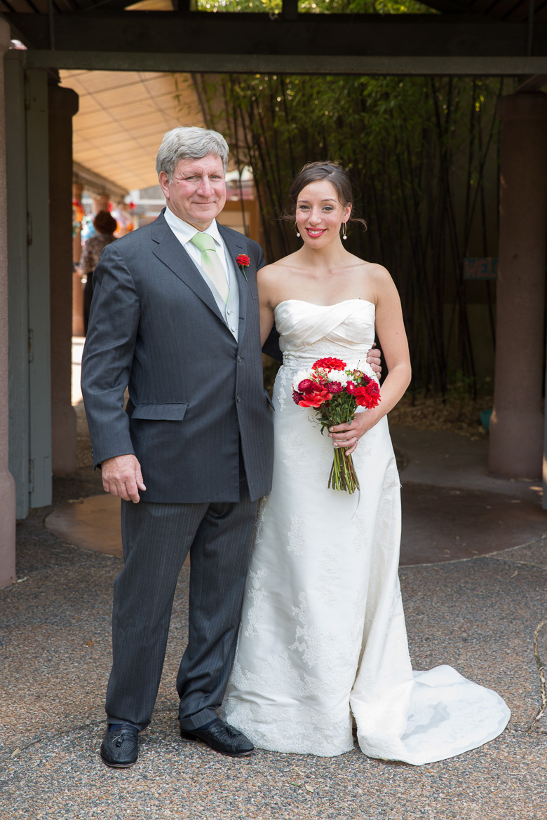 Bride and father before wedding at Seattle Center for Urban Horticulture in Washington