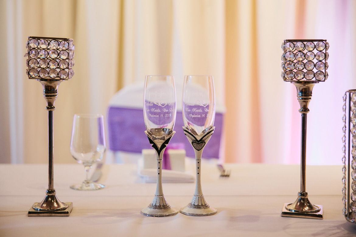 Champange glasses at Columbia Winery wedding reception in Woodinville, WA