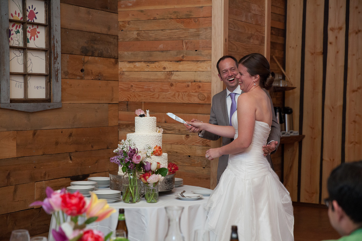 Bride and groom cutting cake during wedding reception at Fireseed Catering 