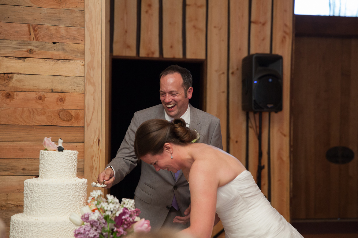 Bride and groom cutting cake during wedding reception at Fireseed Catering 
