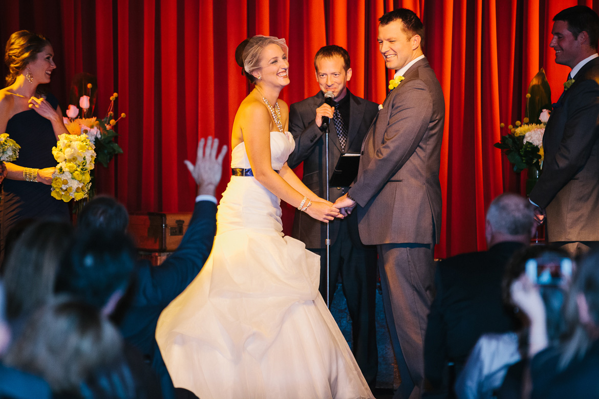 Bride and groom during wedding ceremony at Georgetown Ballroom in Seattle, WA