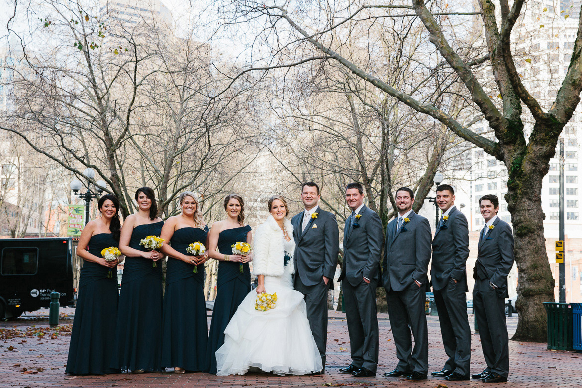 Bridal party portrait in Pioneer Square before Georgetown Ballroom wedding in Seattle, WA