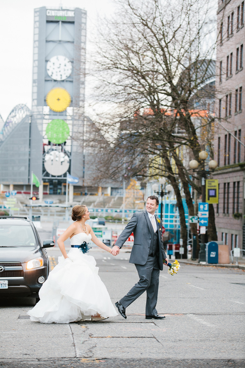 Bride and groom portrait in Pioneer Square before Georgetown Ballroom wedding in Seattle, WA