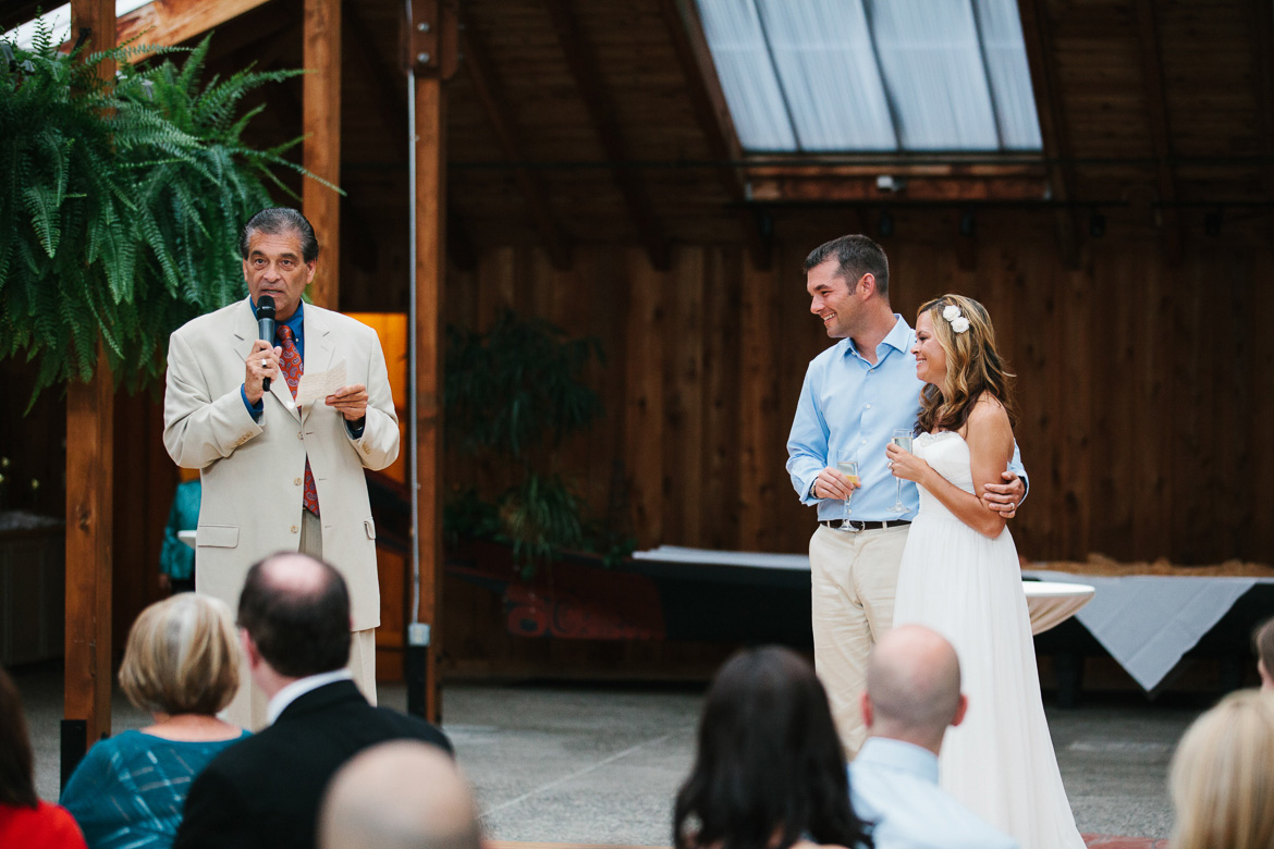 Father of the bride during toasts at wedding reception at Kiana Lodge in Poulsbo, WA