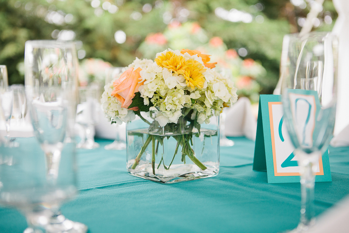 Reception table flower detail at summer wedding in Sumner Washington