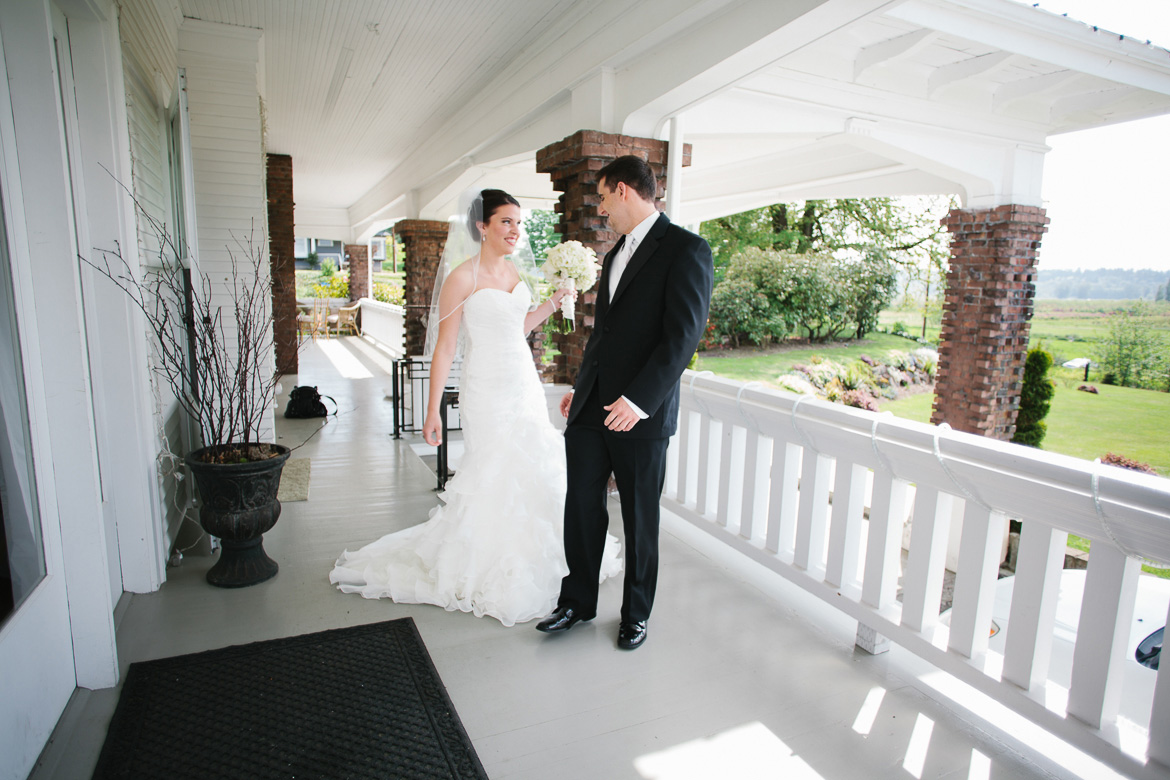 Bride and groom's first look before wedding at Lord Hill Farms in Snohomish Washington