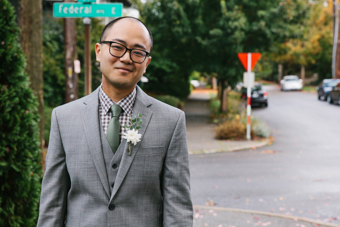 Groom before first look for Seattle, WA wedding at Melrose Market Studios