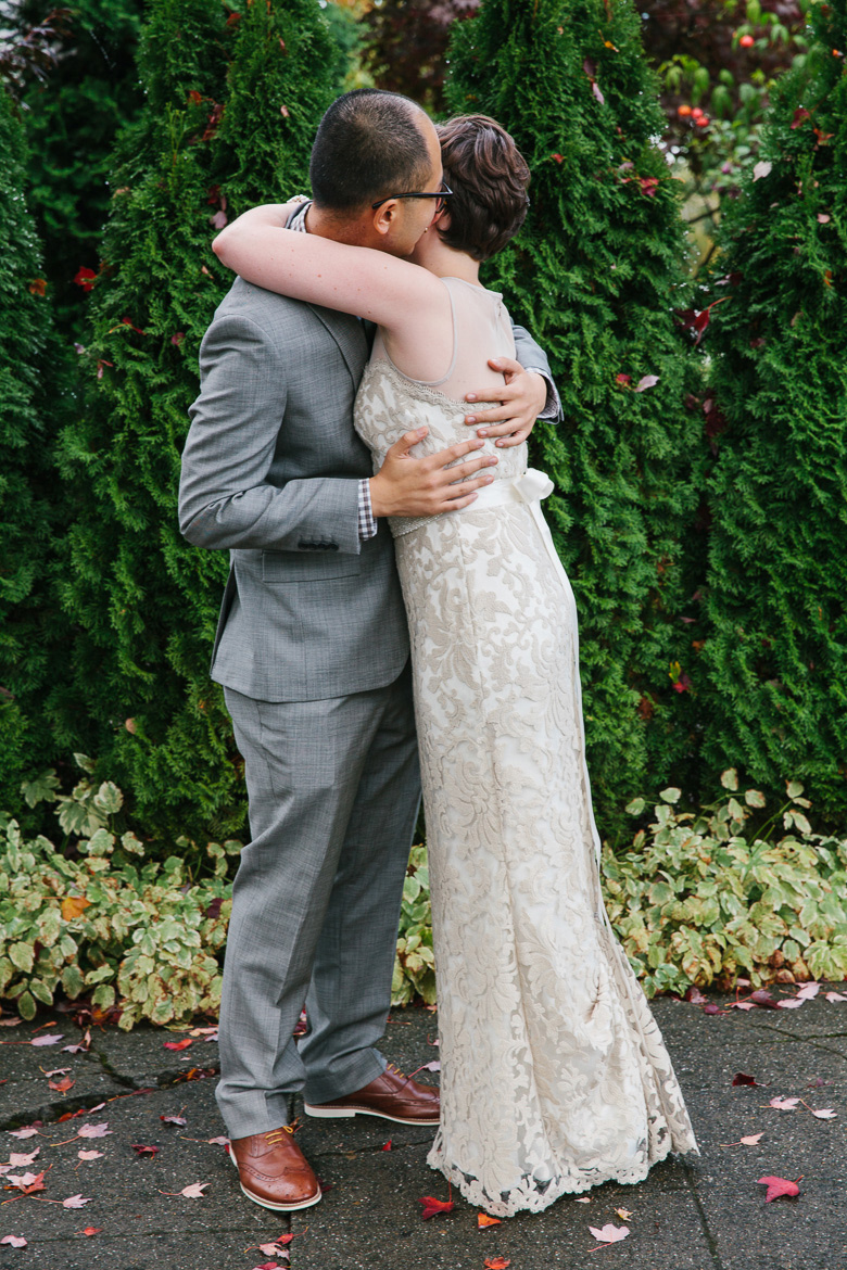 Bride and groom during first look for Seattle, WA wedding at Melrose Market Studios