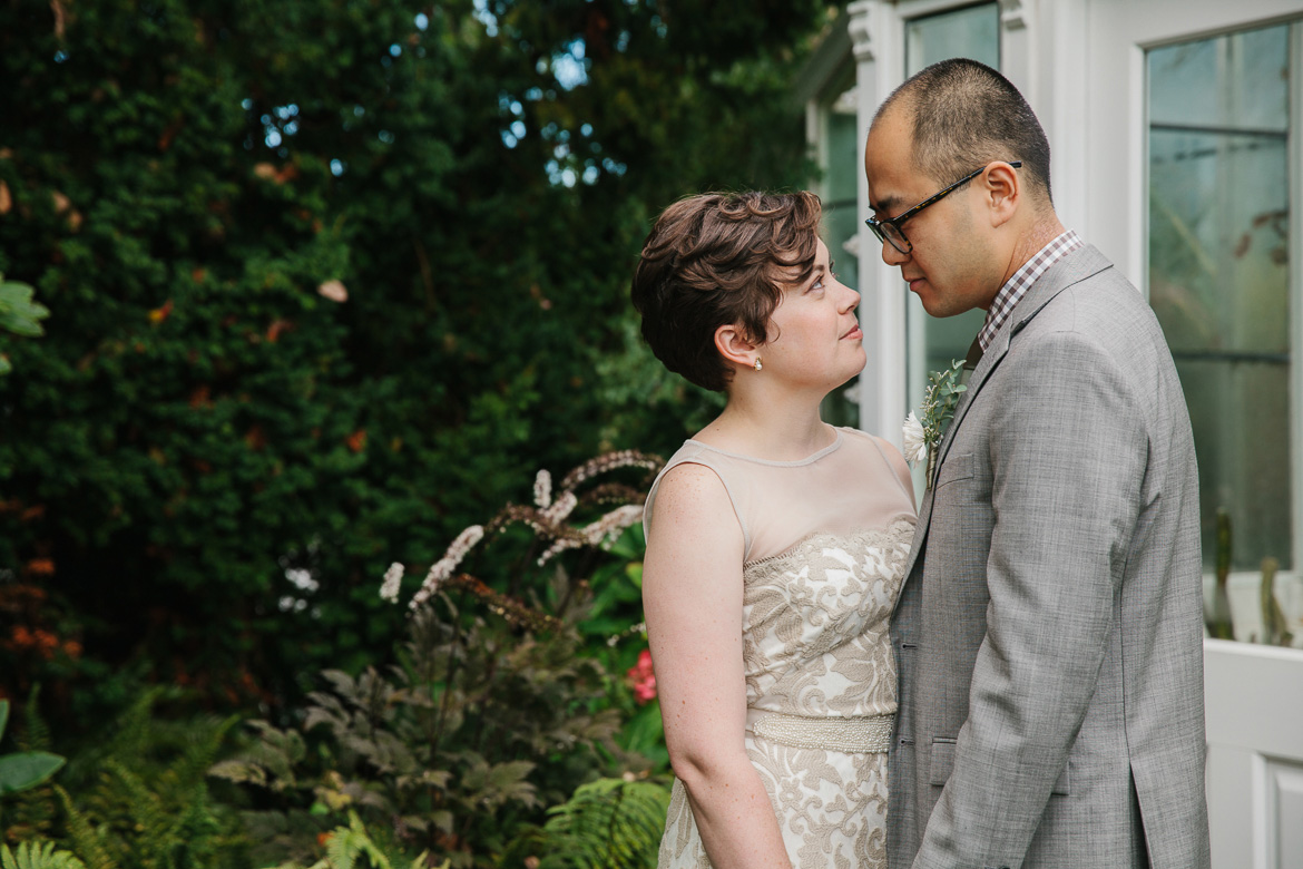 Bride and groom at Volunteer Park in Seattle, WA before wedding at Melrose Market Studios