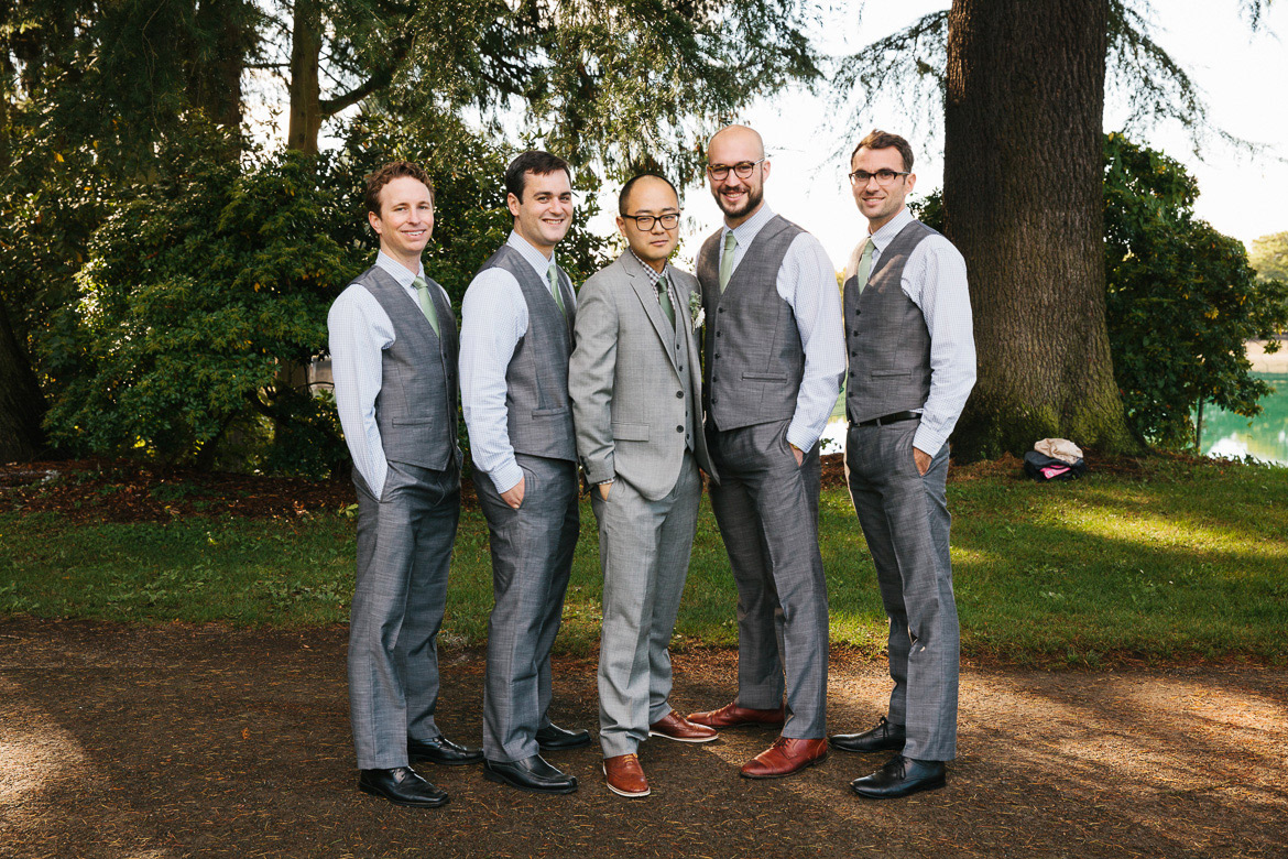 Groom with groomsmen in Volunteer Park Seattle before wedding at Melrose Market Studios