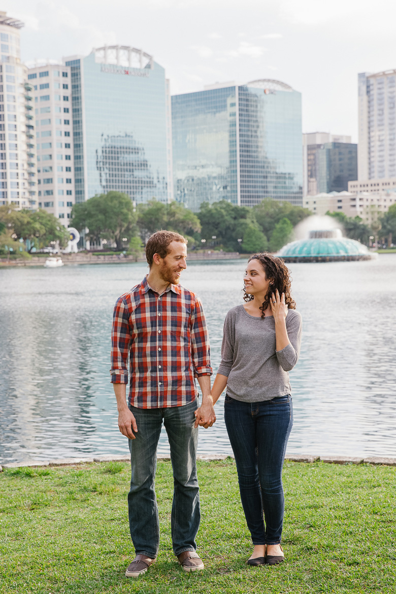 Couple at Lake Eola Park in Orlando, FL during engagement session