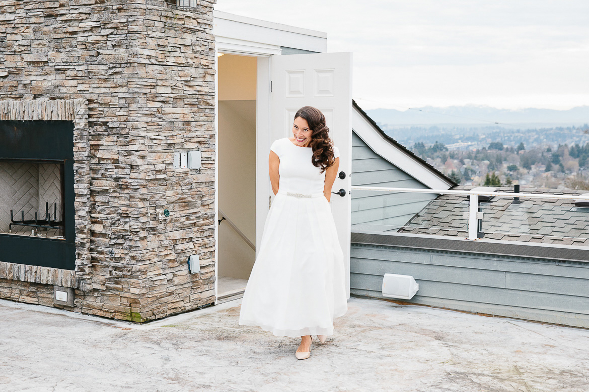 Bride during frst look on Beacon Hill for Seattle elopement