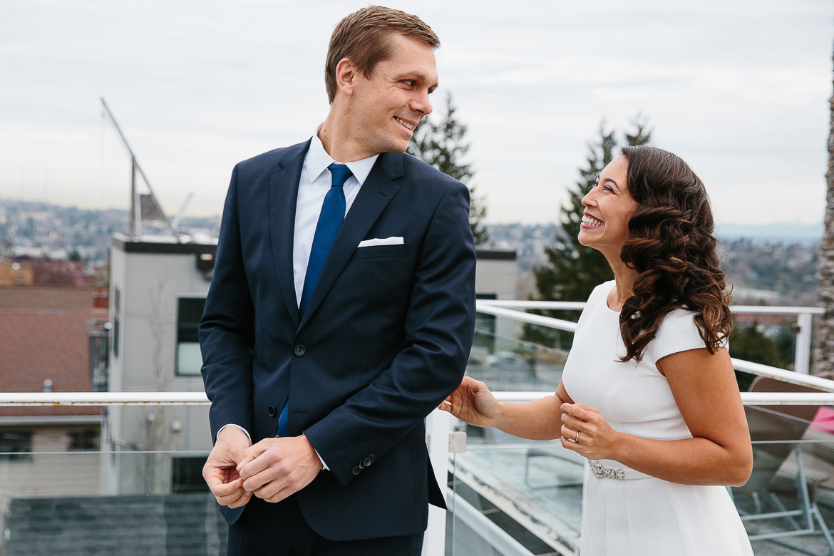 Bride and groom during first look on Beacon Hill for Seattle elopement