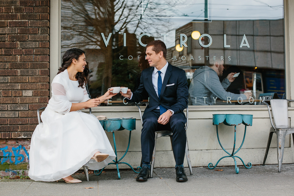 Bride and groom at Victrola Coffee on Beacon Hill Seattle before elopement