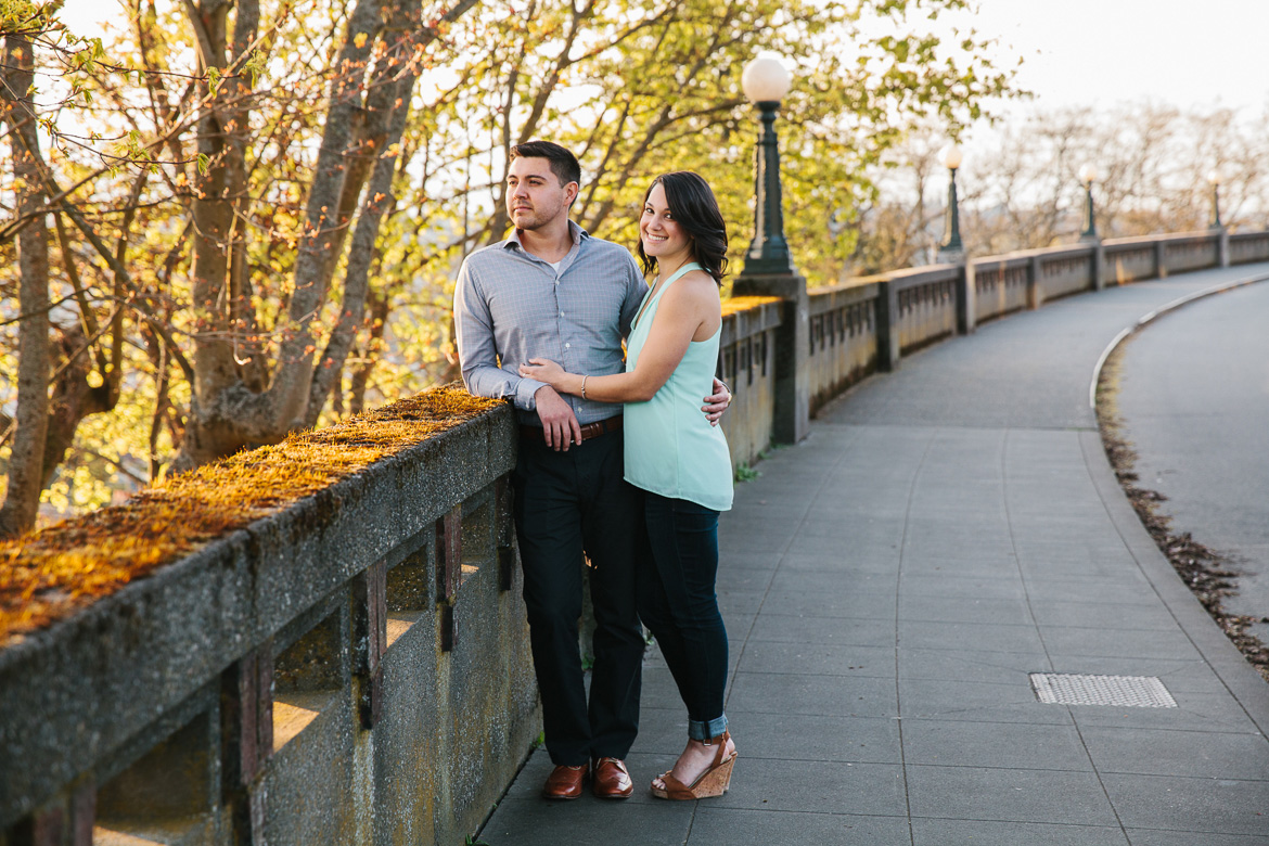 Seattle couple near bridge during sunset photo session on Upper Queen Anne