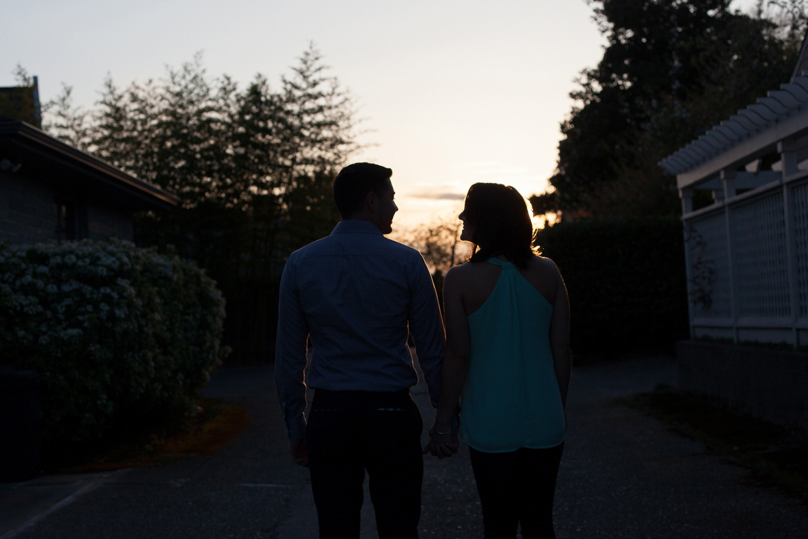 Seattle couple in alley during sunset photo session on Upper Queen Anne