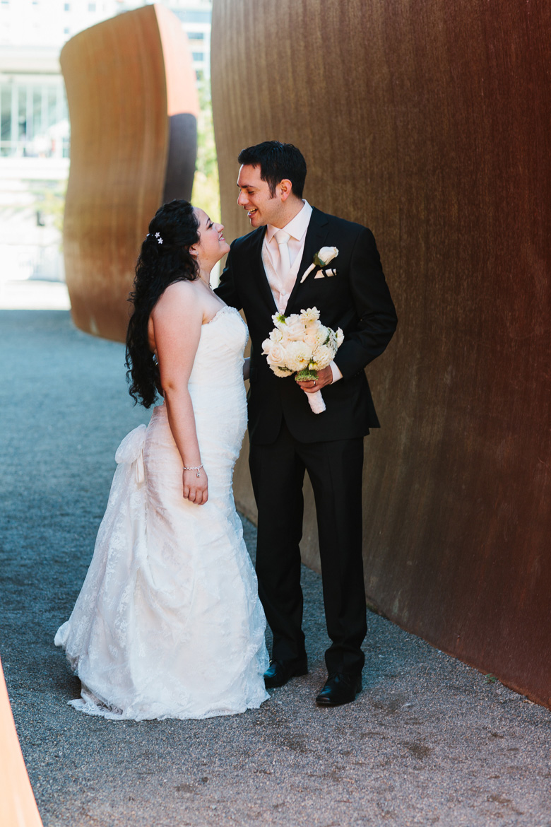 Bride and groom portrait at Olympic Sculpture Park before wedding reception at Space Needle